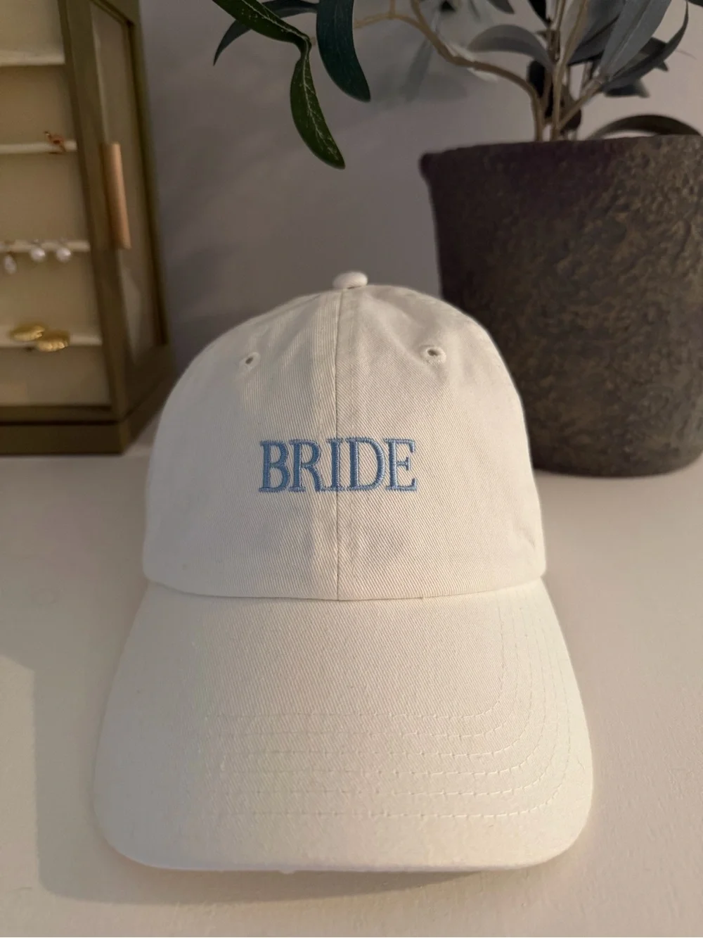 Bride Hat - White with Light Blue Embroidery (favorite daughter) - New/not worn